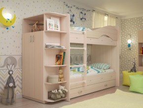 Кровать 2-х ярусная Мая с ящиками и шкафом на латофлексах млечный дуб в Ишиме - ishim.magazinmebel.ru | фото