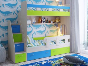 Кровать двухъярусная Юниор 1 Дуб молочный-Лайм/Голубой без бортика в Ишиме - ishim.magazinmebel.ru | фото